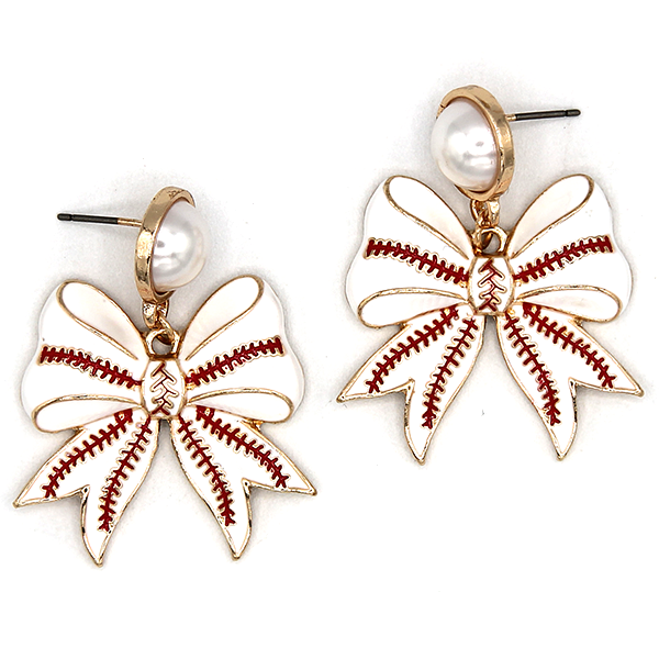 Enamel Pearl Bow Baseball Gameday Drop White Earrings