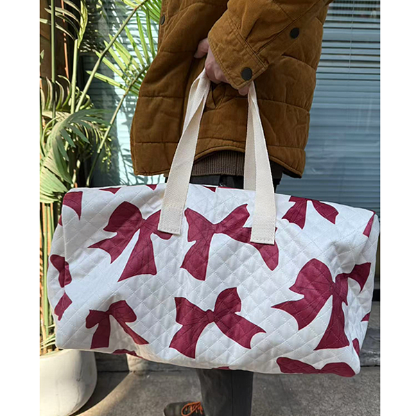 Burgundy Bow Print Quilted Design Duffel Bag