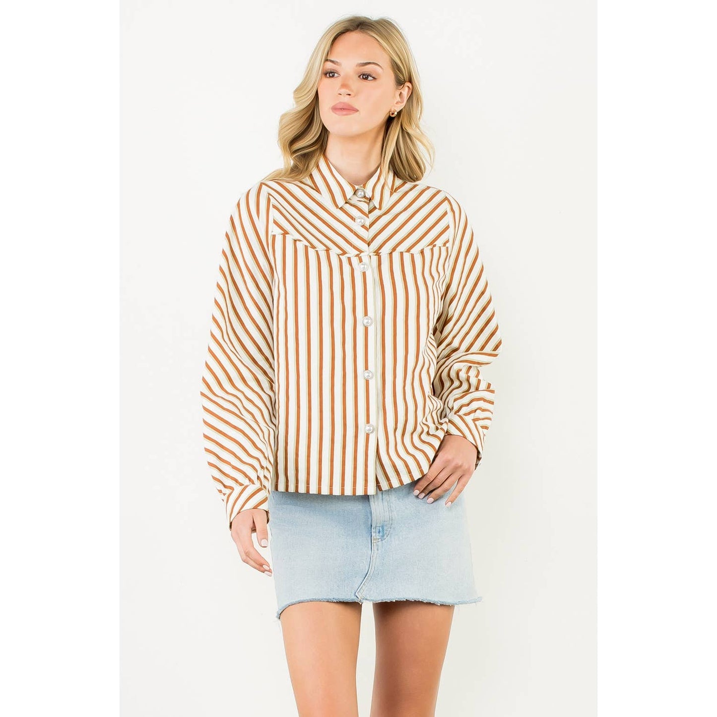 Kalli - Pearl Button Long Sleeve Stripe Top