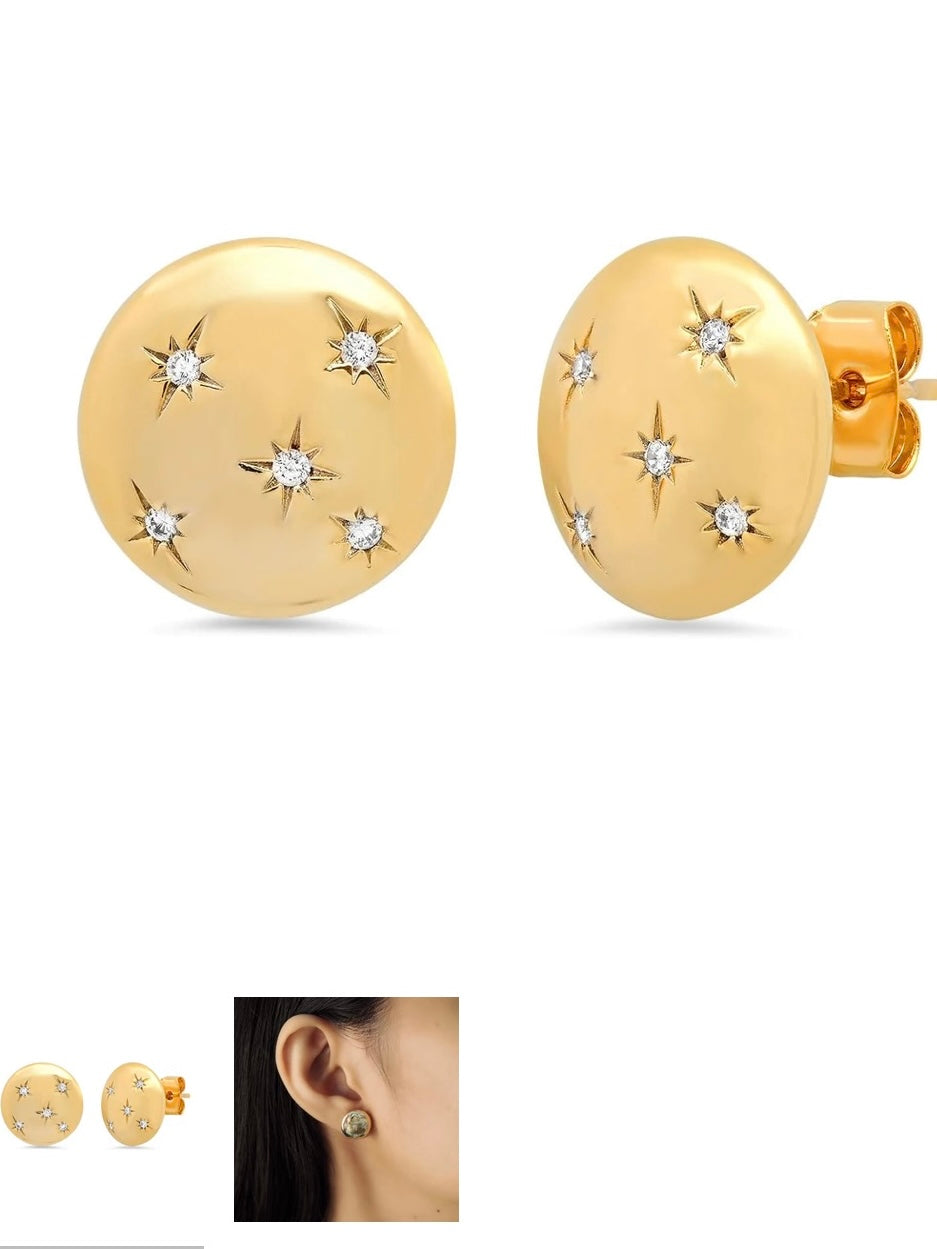 Gold Button Earring Studs with Cz Star Accents