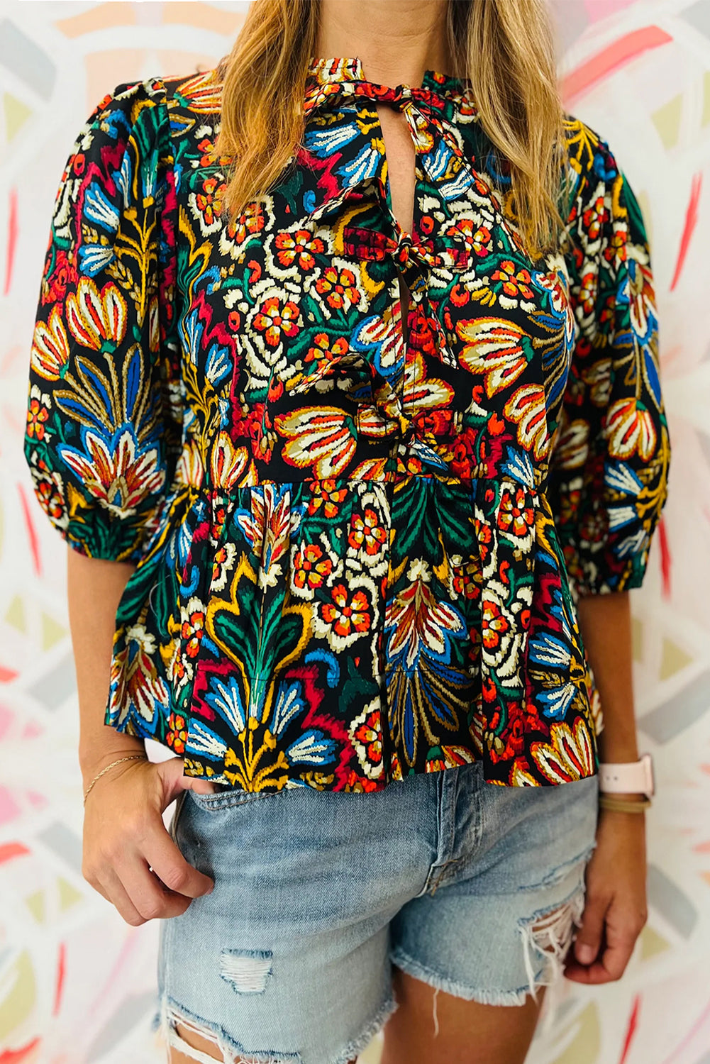 Chloe - Black Tropical Print Bubble Sleeve Knot Front Blouse