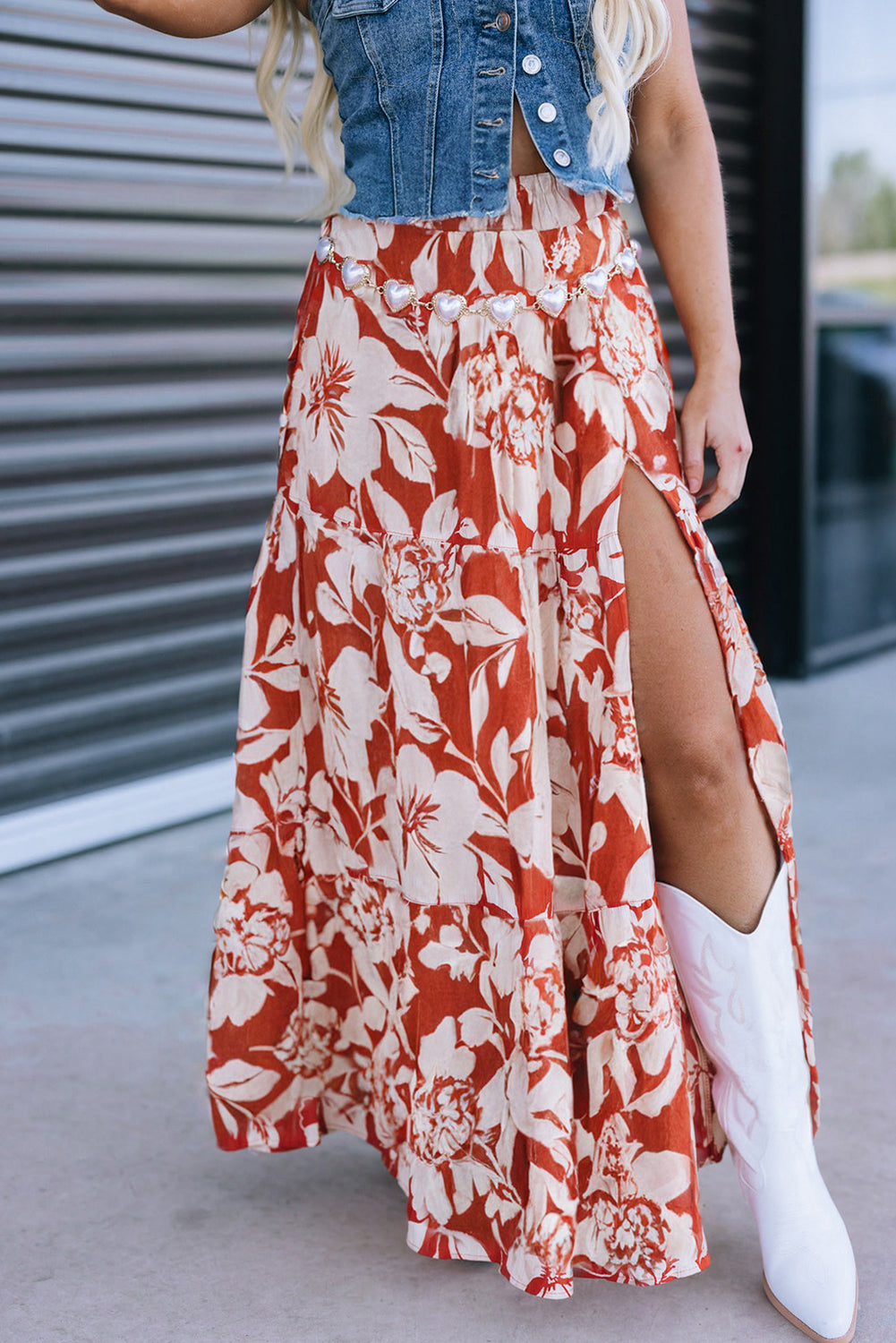 Rhea-Red High Slit Floral Western Cowgirl Maxi Skirt