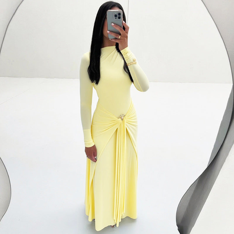 Summer Women Clothes Elegant Decorative Buckle Solid Color Long Sleeve Narrow Tight Strap Dress