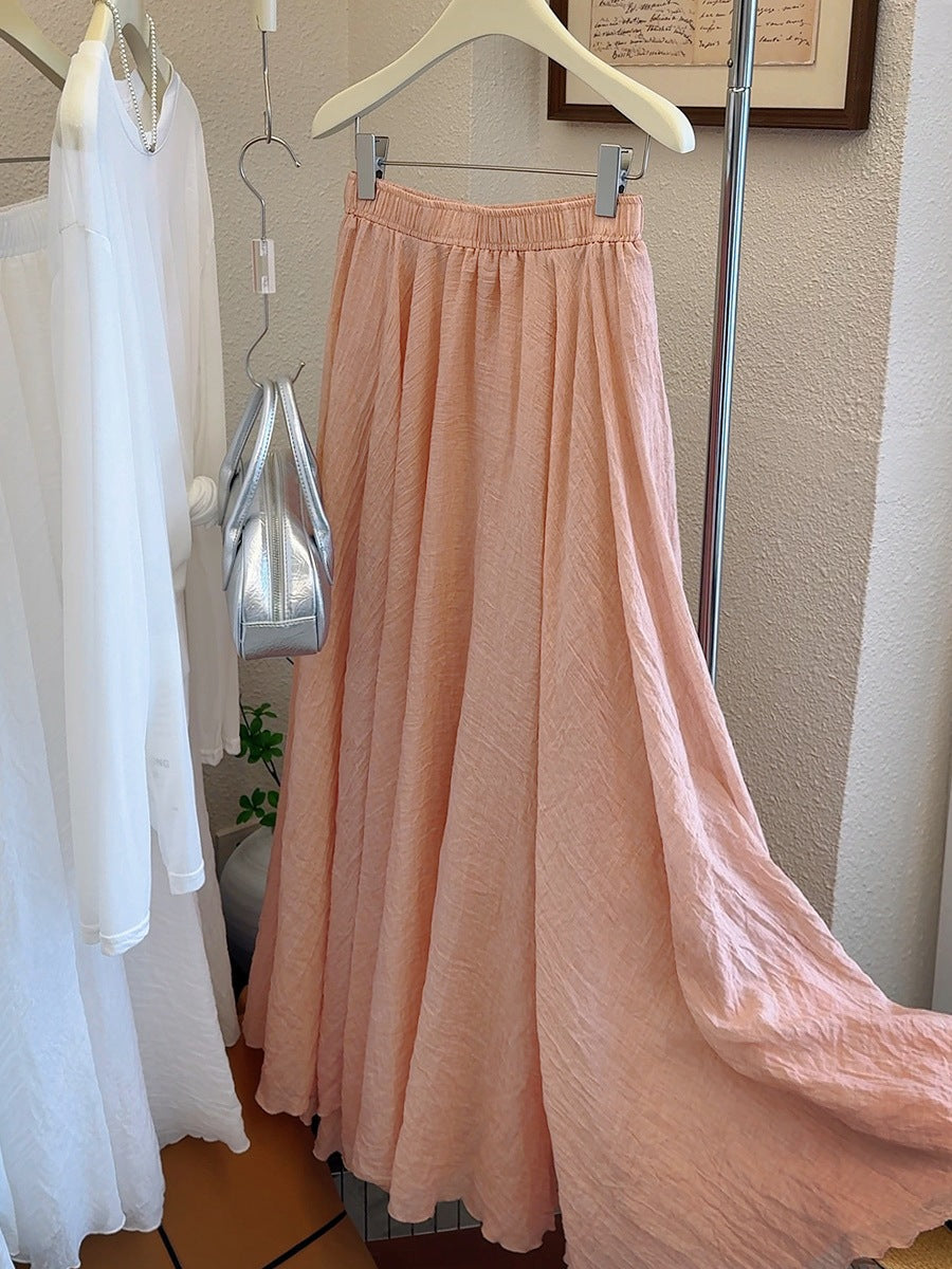 Ice Tencel Cotton Linen Texture Pleated Skirt Women Summer Drape Casual Swing A line Umbrella Skirt Long Skirt