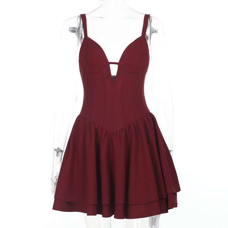 Summer French Puffy V neck Sexy Sexy Vest Dress