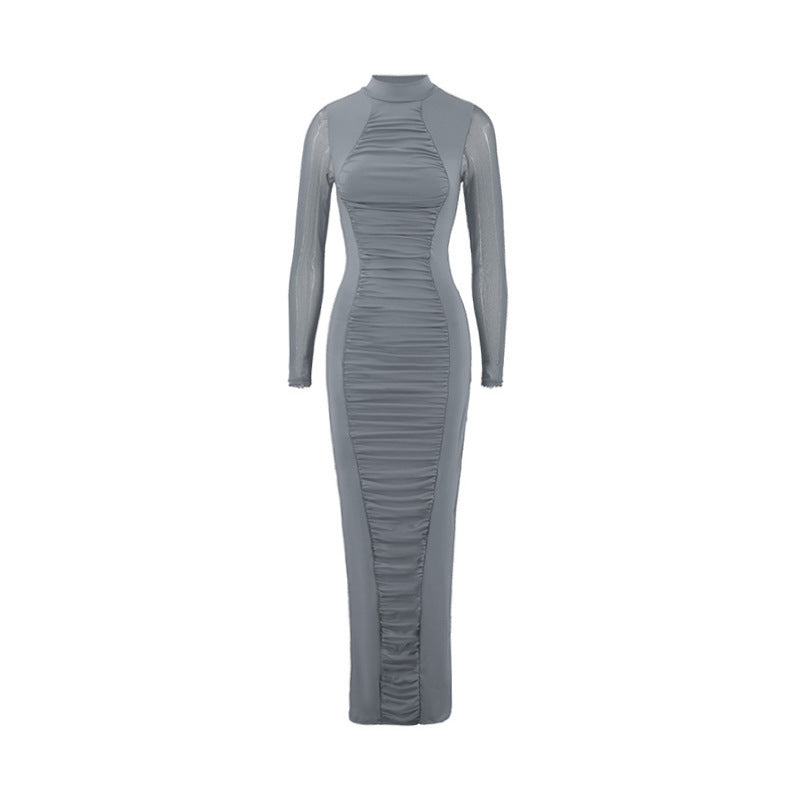 Autumn Elegant Socialite Private Clothes Pleated Turtleneck Long Sleeve Waist Tight Hip Slim Fit Dress