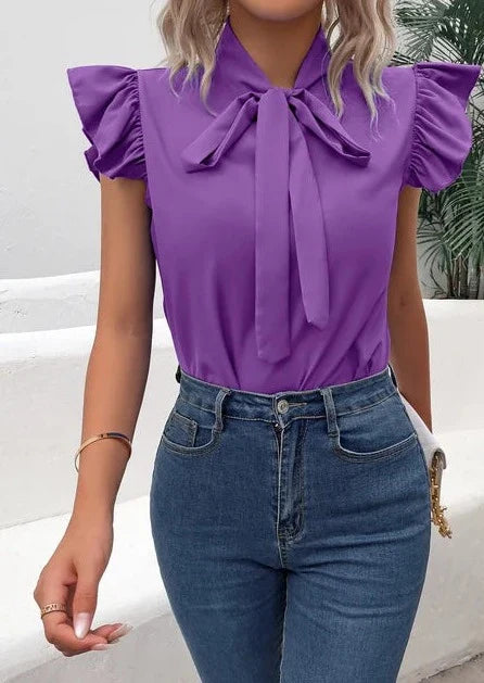 Bow Tie Flutter Sleeve Blouse