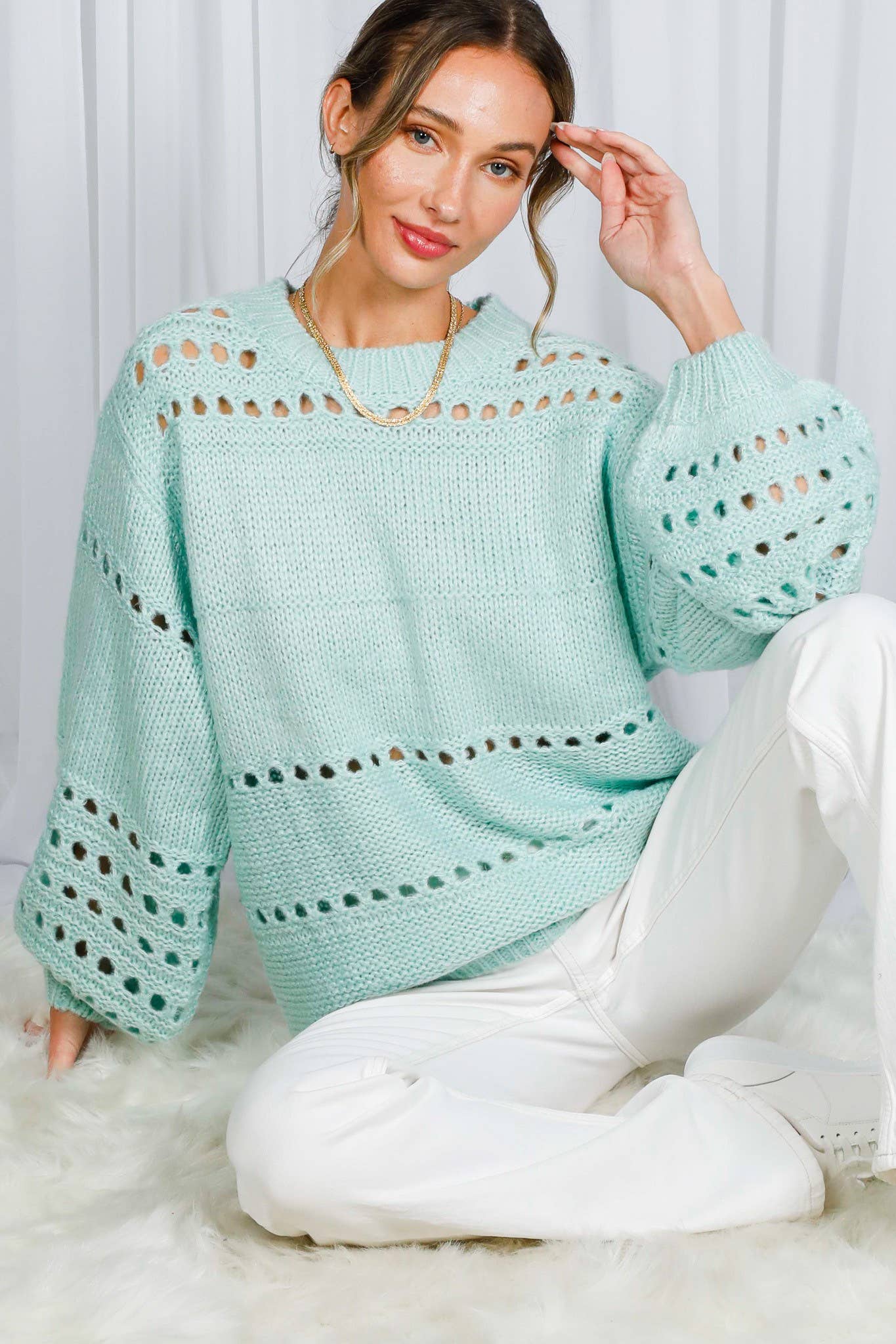 Round Neck Balloon Sleeve Open-Knit Crochet Sweater