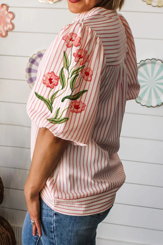 Loula-Pink Floral Embroidered Puff Sleeve V Neck Blouse