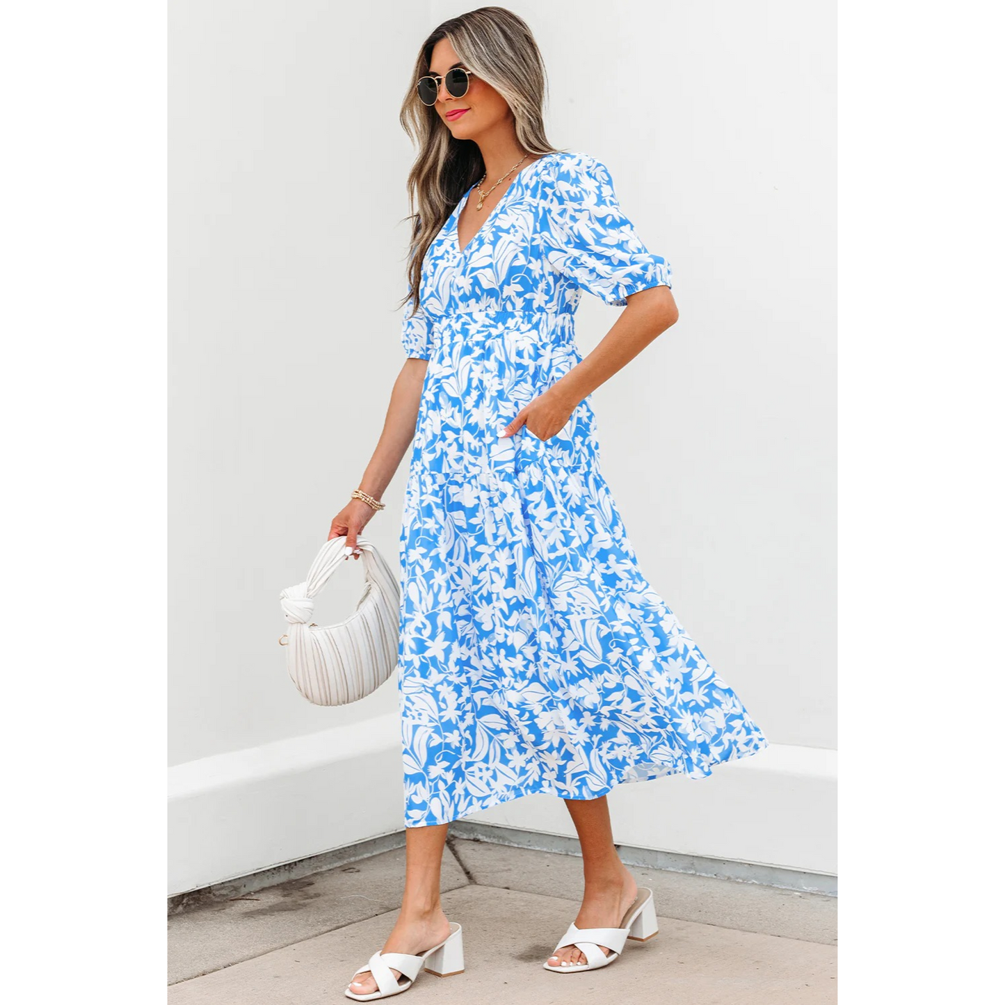 Stacey-Sky Blue Floral V Neck Puff Short Sleeve Flowy Long Dress
