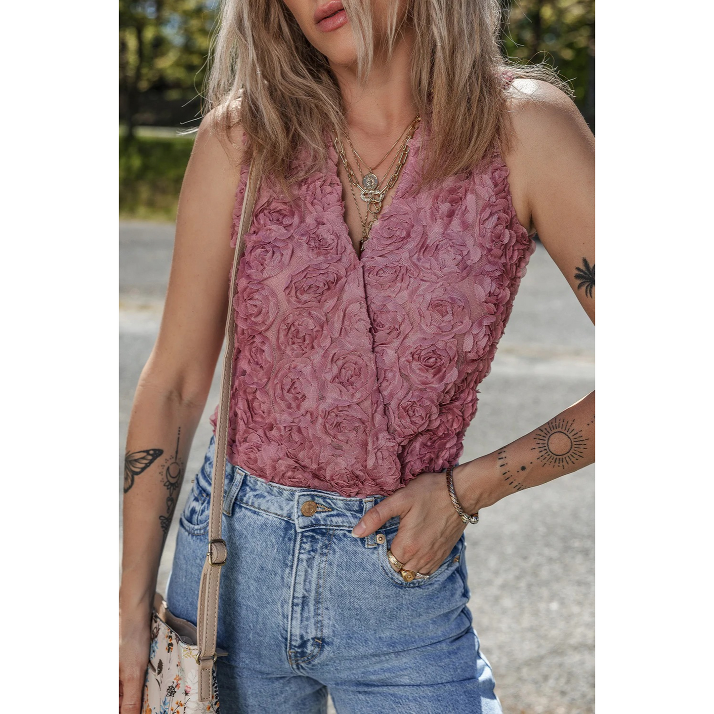 Claire - Rose Textured V-Neck Sleeveless Bodysuit
