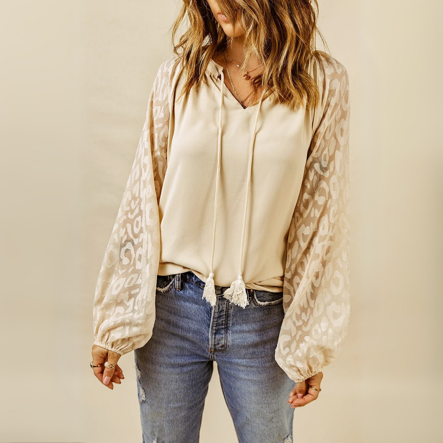 Shirley - Beige Leopard Mesh Bubble Sleeve Split Neck Blouse