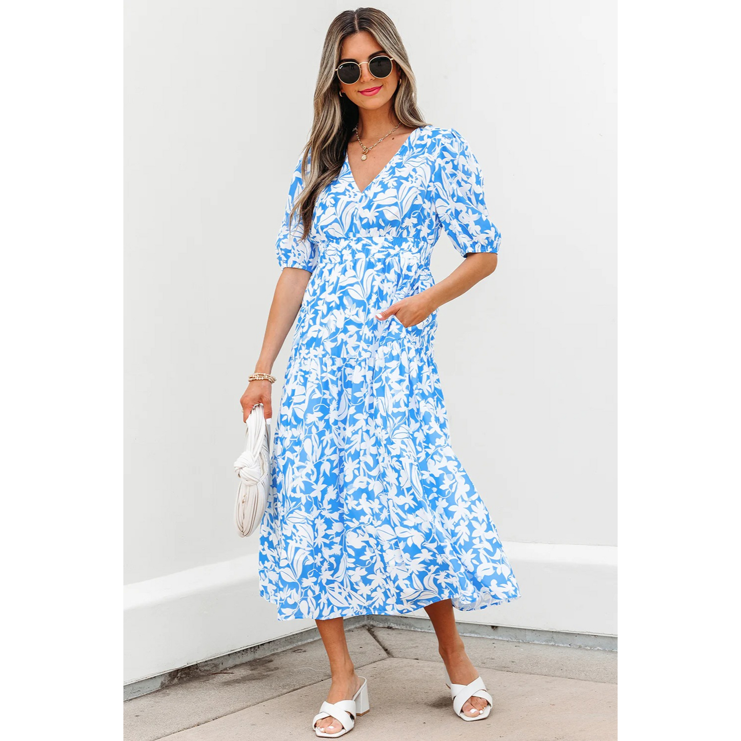 Stacey-Sky Blue Floral V Neck Puff Short Sleeve Flowy Long Dress
