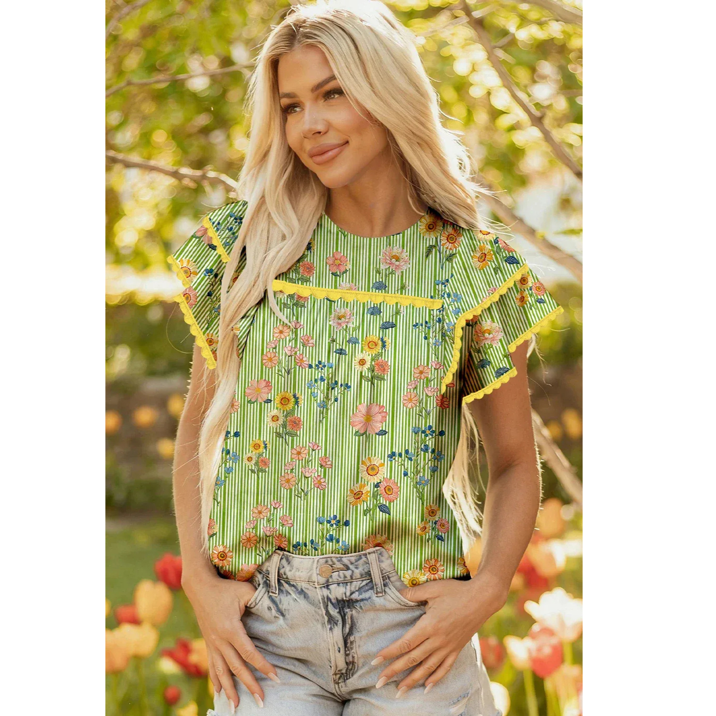 Rochelle - Green Floral Printed Ruffle Short Sleeve Blouse