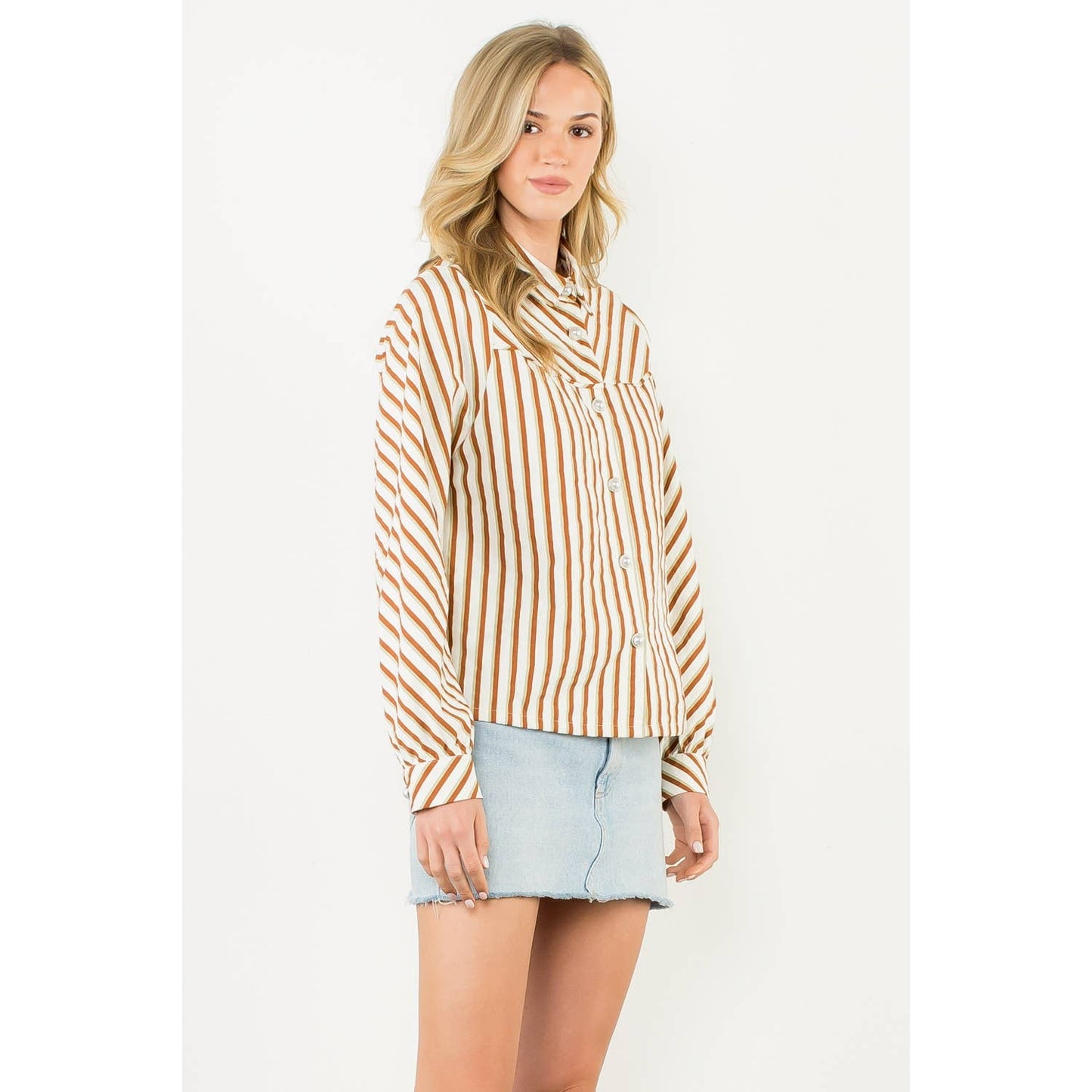 Kalli - Pearl Button Long Sleeve Stripe Top