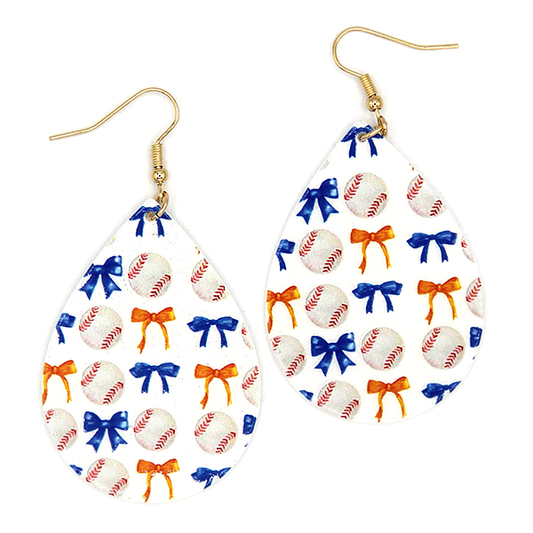Teardrop Gameday Bow Baseball White Orange Blue Earrings