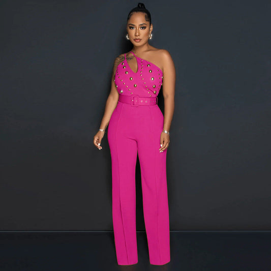 Solid Color Jumpsuit Slim Fit One Shoulder Wide Leg Pants Women