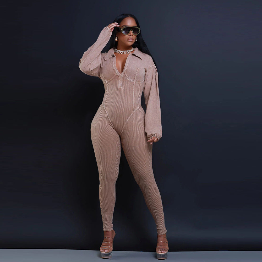 Women Clothing V Neck Gigot Sleeve Tight Stitching Jumpsuit Autumn Winter