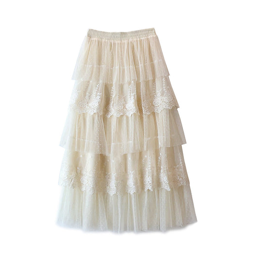 French Lace Stitching Polka Dot Super Fairy Yarn Skirt Autumn Winter with Sweater Embroidered Cake Skirt Korean Women Clothing
