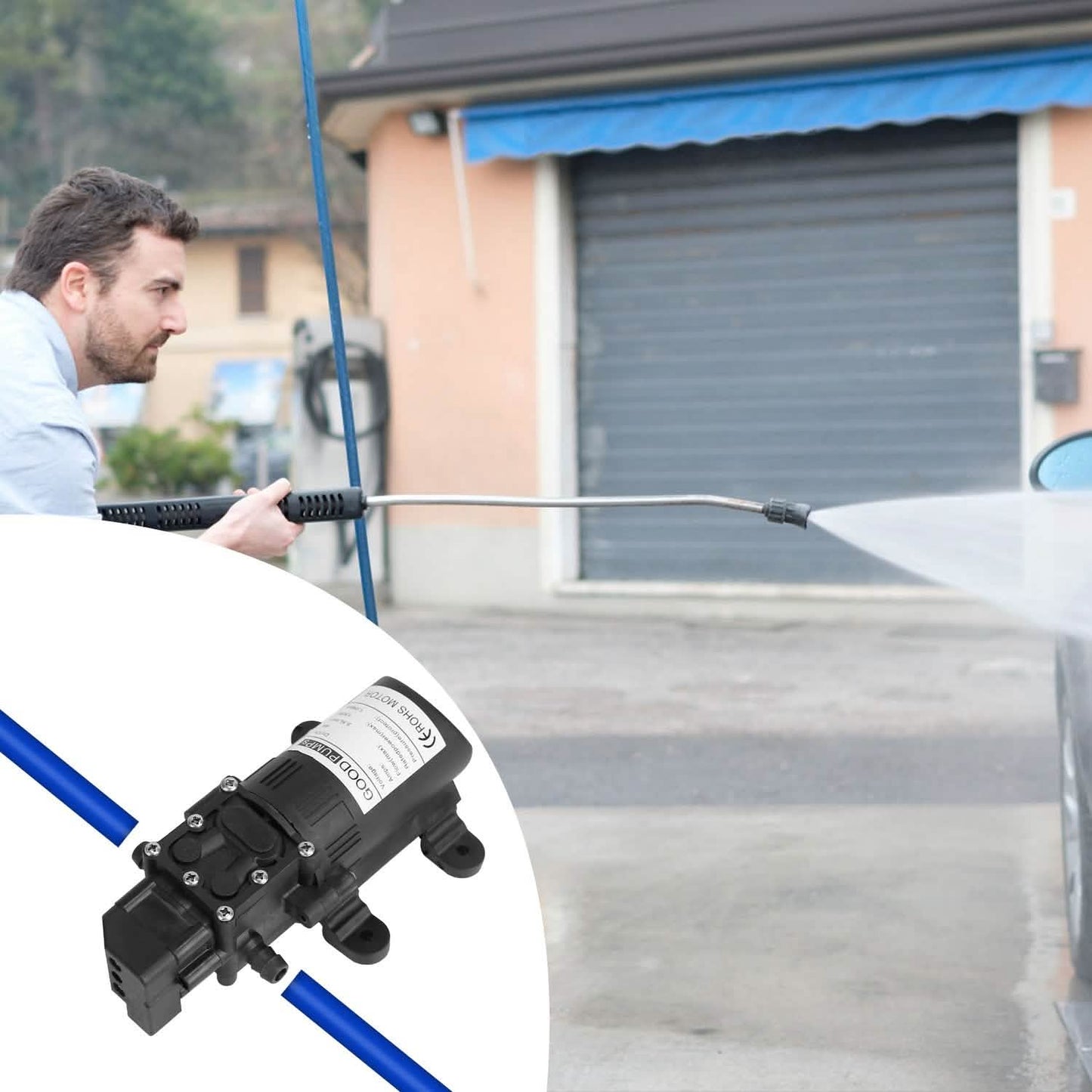 12V Water Pump with 2 Hose Clamps 123PSI Self Priming Sprayer Pump