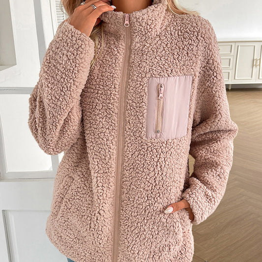 Women Clothing Autumn Winter Lamb Wool Berber Fleece Coat Women Loose Stitching Casual All Matching Jacket Coat