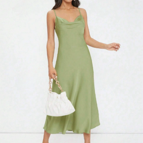 Women Clothing Spring Summer Satin Sling Deep V Plunge neck Slim Solid Color Dress