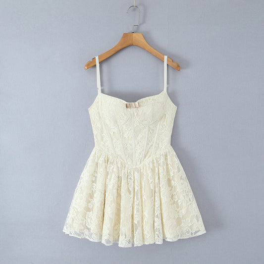 Sexy Sweet Lace Embroidered Boning Corset Tight Waist Suspender Dress Summer Slim Fit Large Swing