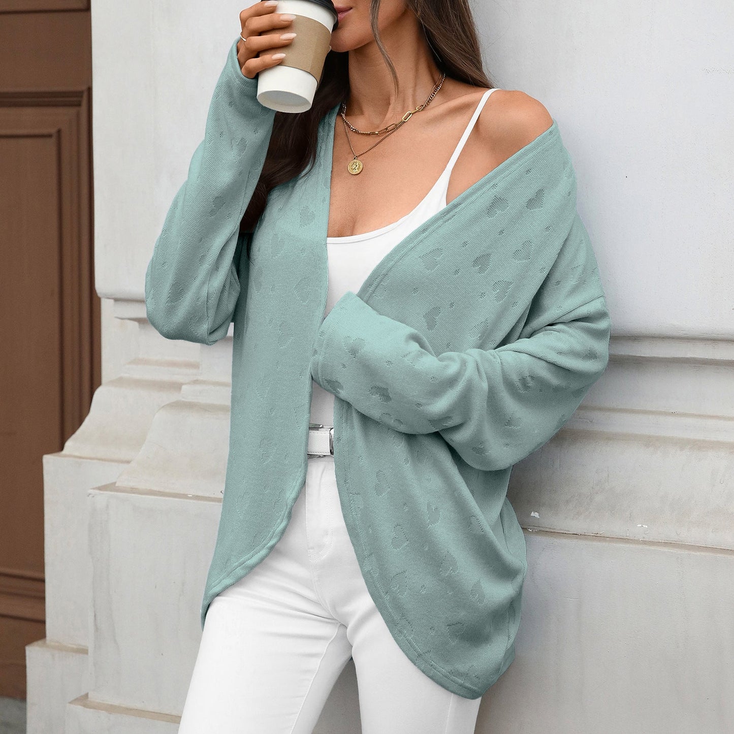 Autumn Winter Solid Color Long Sleeve Cardigan Knitted Jacquard Coat Office Cardigan