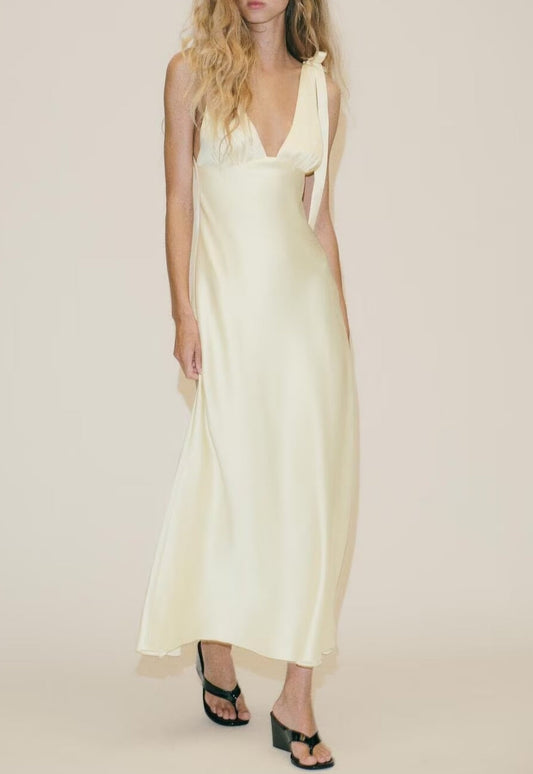 Summer Women Clothing Sexy Bowknot Decoration Silk Satin Texture Midi Dress