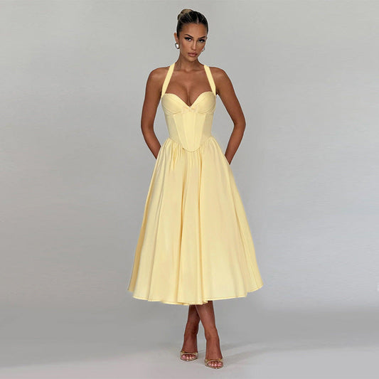 Halter Bow Waist Slimming Chest A line Dress Women Evening Maxi Dress