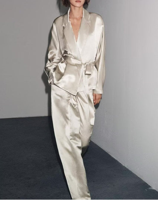 Autumn Women Clothing Fashionable Elegant Blazer Satin Pants Two Piece Sets