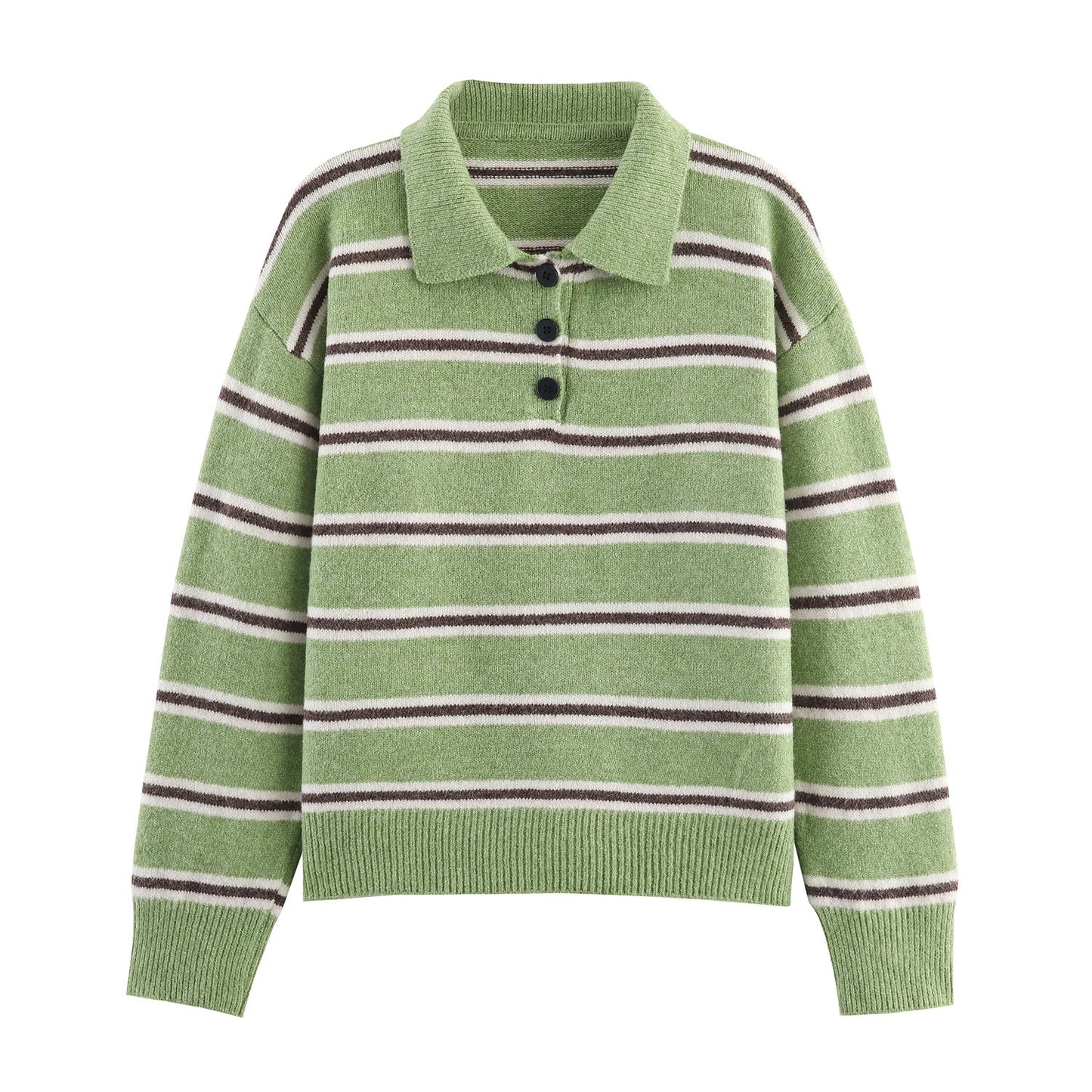 Fall Women Clothing Half Cardigan Button Pullover Polo Collar Stripes Knitted Sweater Top