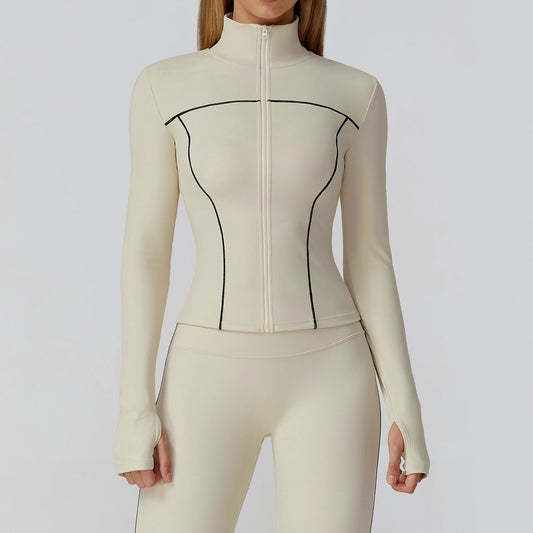 Contrast Color Brushed Yoga Coat Zipper Windproof Slim Jacket Outdoor Sports Running Fitness Clothes Women