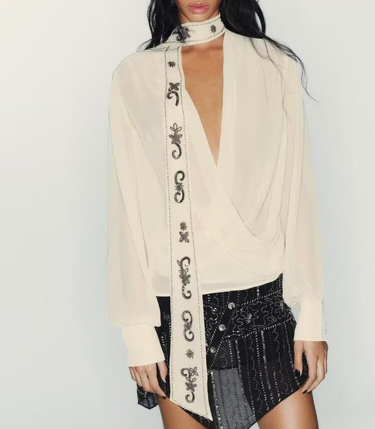Women Clothing Georgette Beaded Scarf Shirt Top