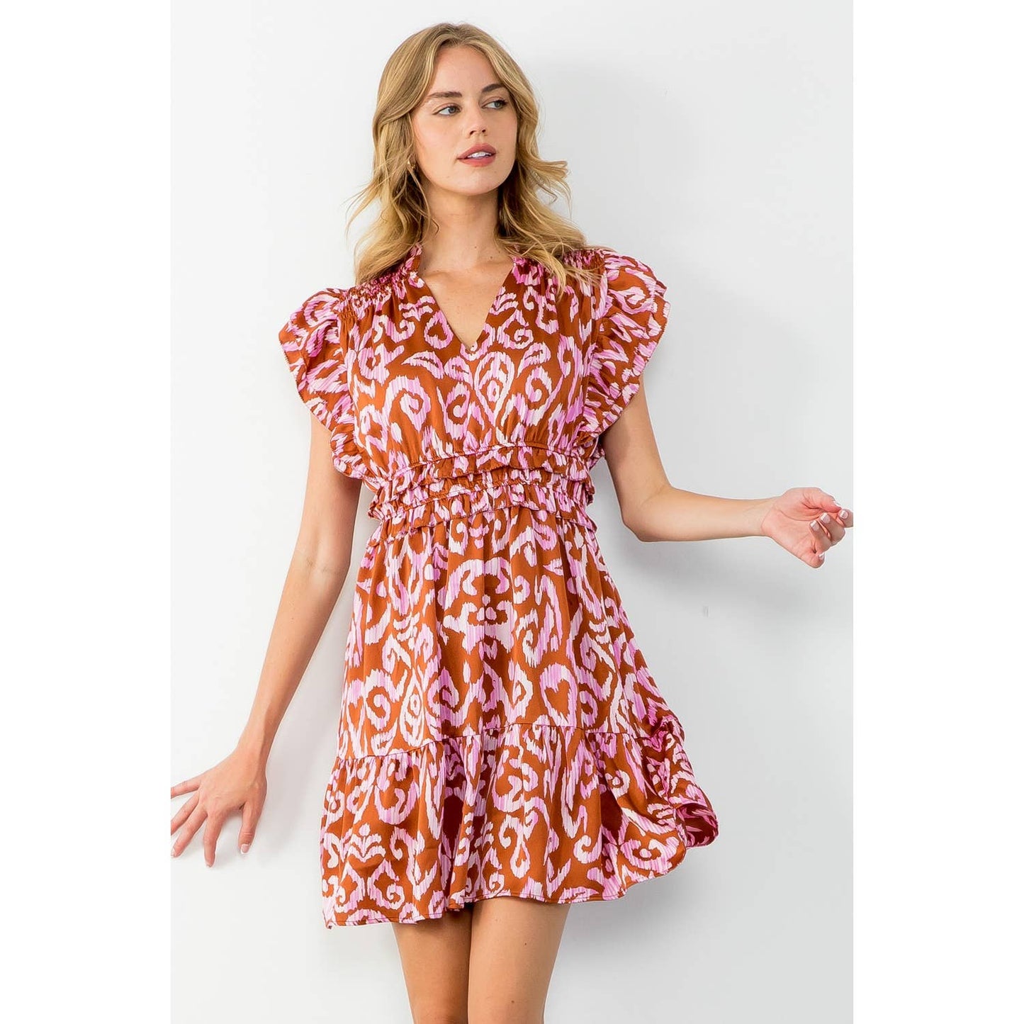 Monica - Flutter Sleeve Tiered Print Mini Dress
