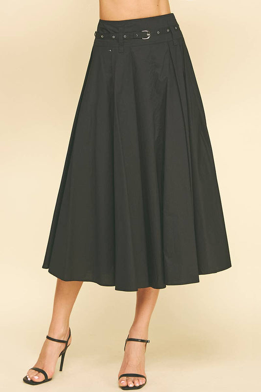 Lynne- Pleated A-Line Midi Skirt with Belt