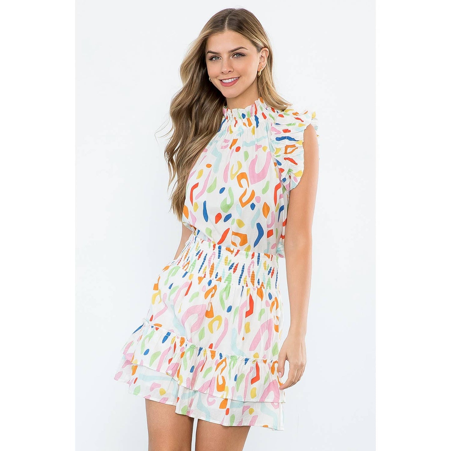 SAVANNAH- White Abstract Print Smocked Ruffle Skirt
