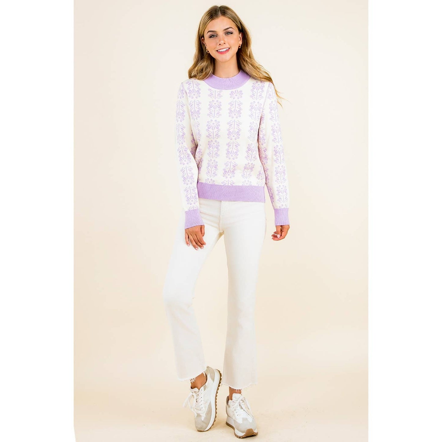 Leyla - Long Sleeve Floral Pattern Knit Pullover Sweater
