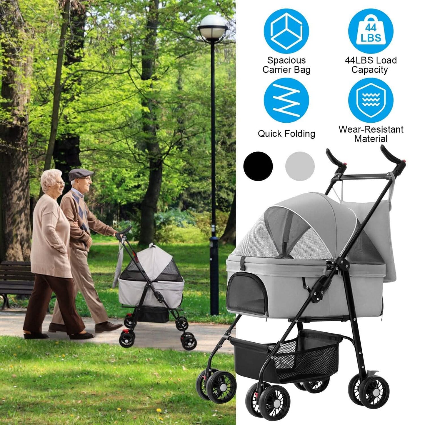 4 Wheels Pet Stroller Foldable with Removable Liner Storage Basket