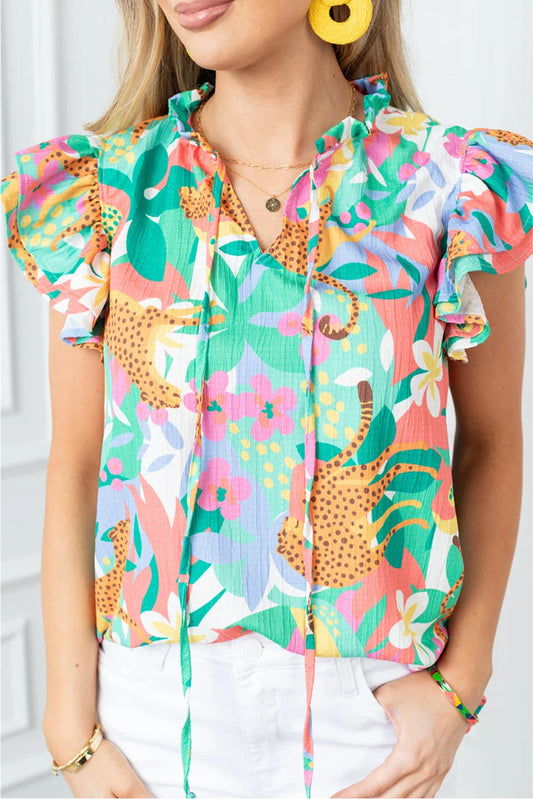 Marcey - Green Frilly Ruffle Tie Split Neck Summer Floral Blouse