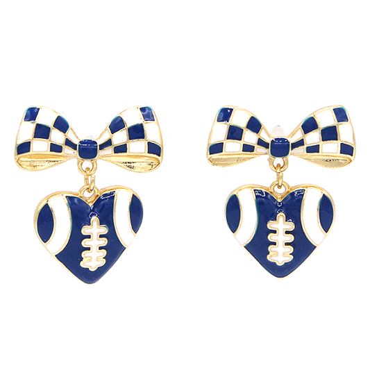 Enamel Bow Heart Gameday Team Spirit Drop Blue White Earrings