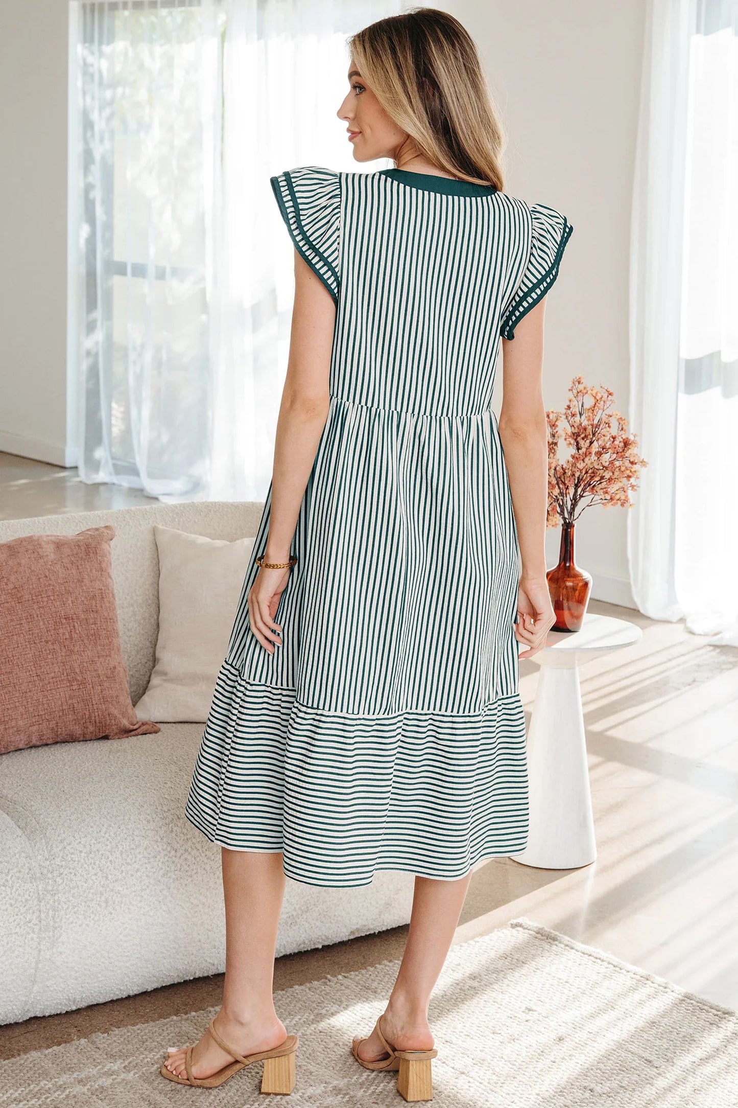 Yessica - Green Stripe Double Ruffled Short Sleeve Midi Dress