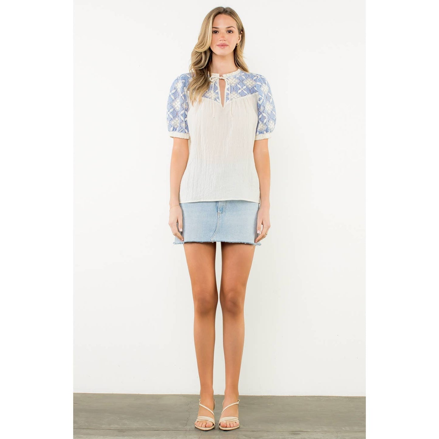 Krysa - Embroidered Yoke Puff Sleeve Crinkle Top