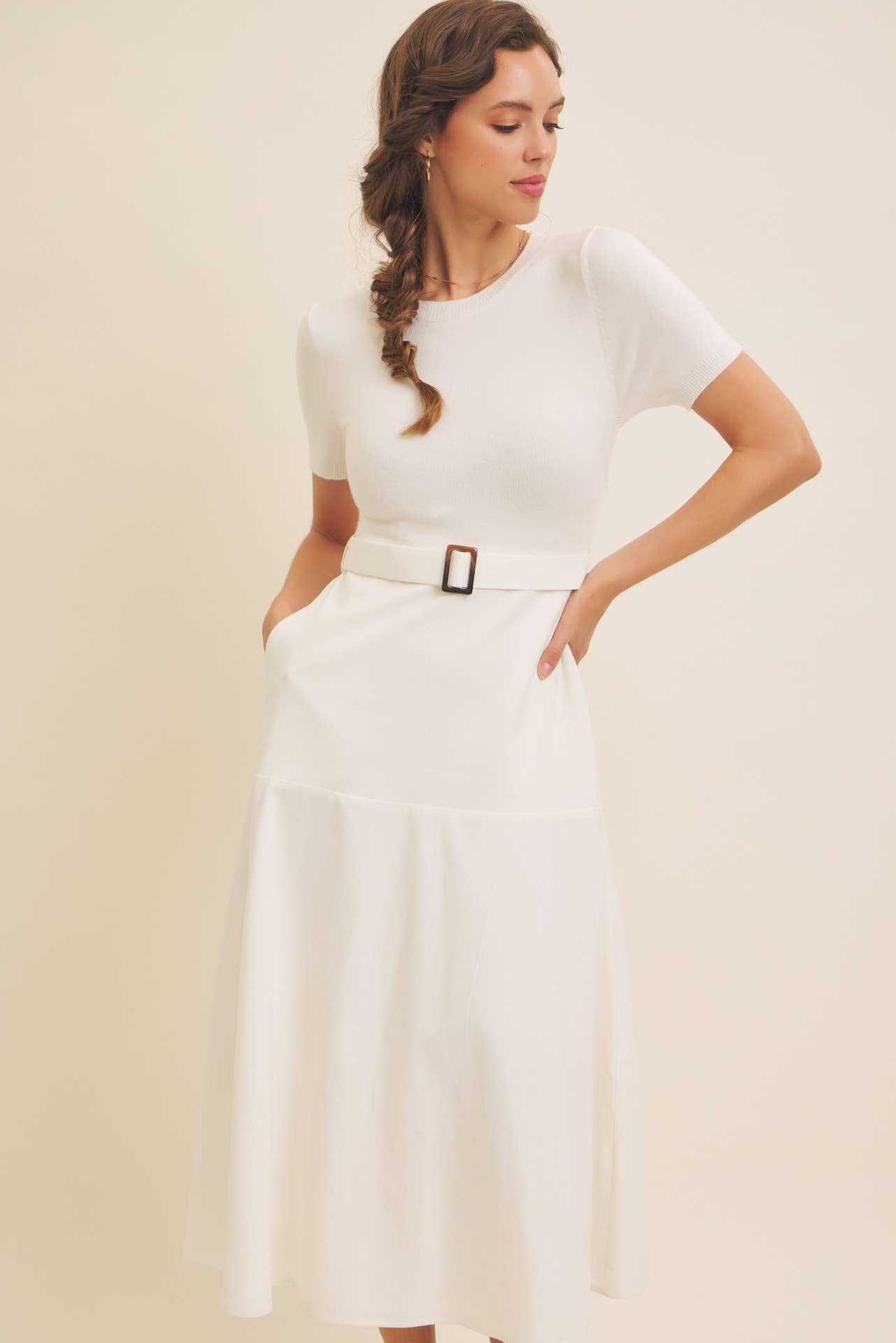 DELANEY- Super Soft White Mixed Media Sweater Midi Dres with Belt