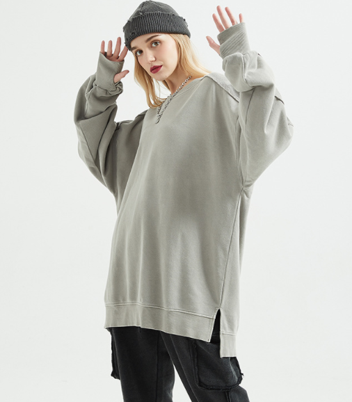 Autumn Winter Main Push Terry Loose-Fitting plus Size Pullover Washed Retro High Street Pullover Patchwork Sweatshirt