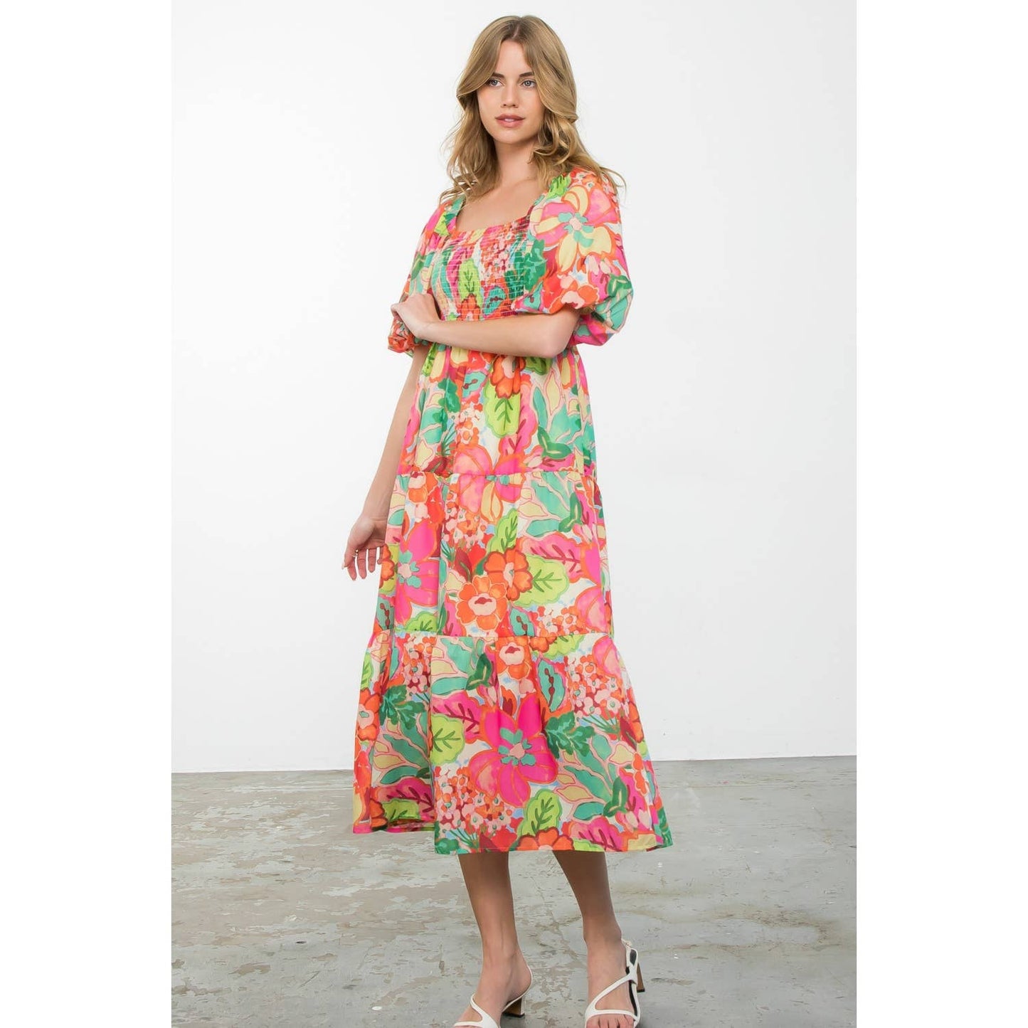 Massey - Puff Sleeve Floral Print Midi Dress
