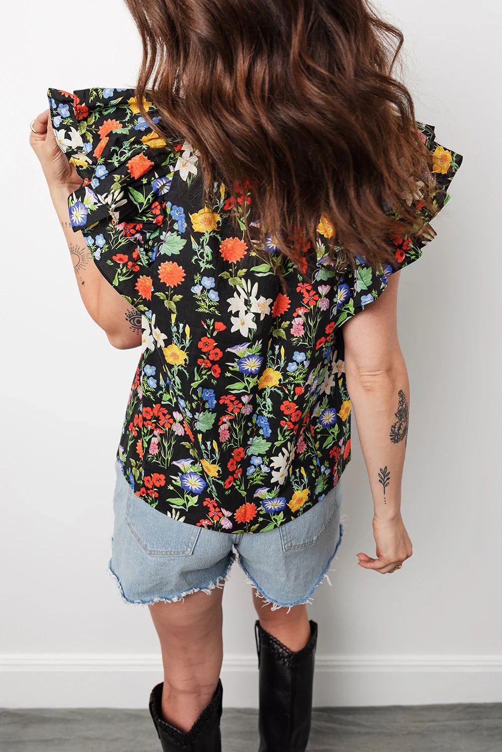 Robbie - Black Tiered Flutter Sleeve V Neck Flower Blouse