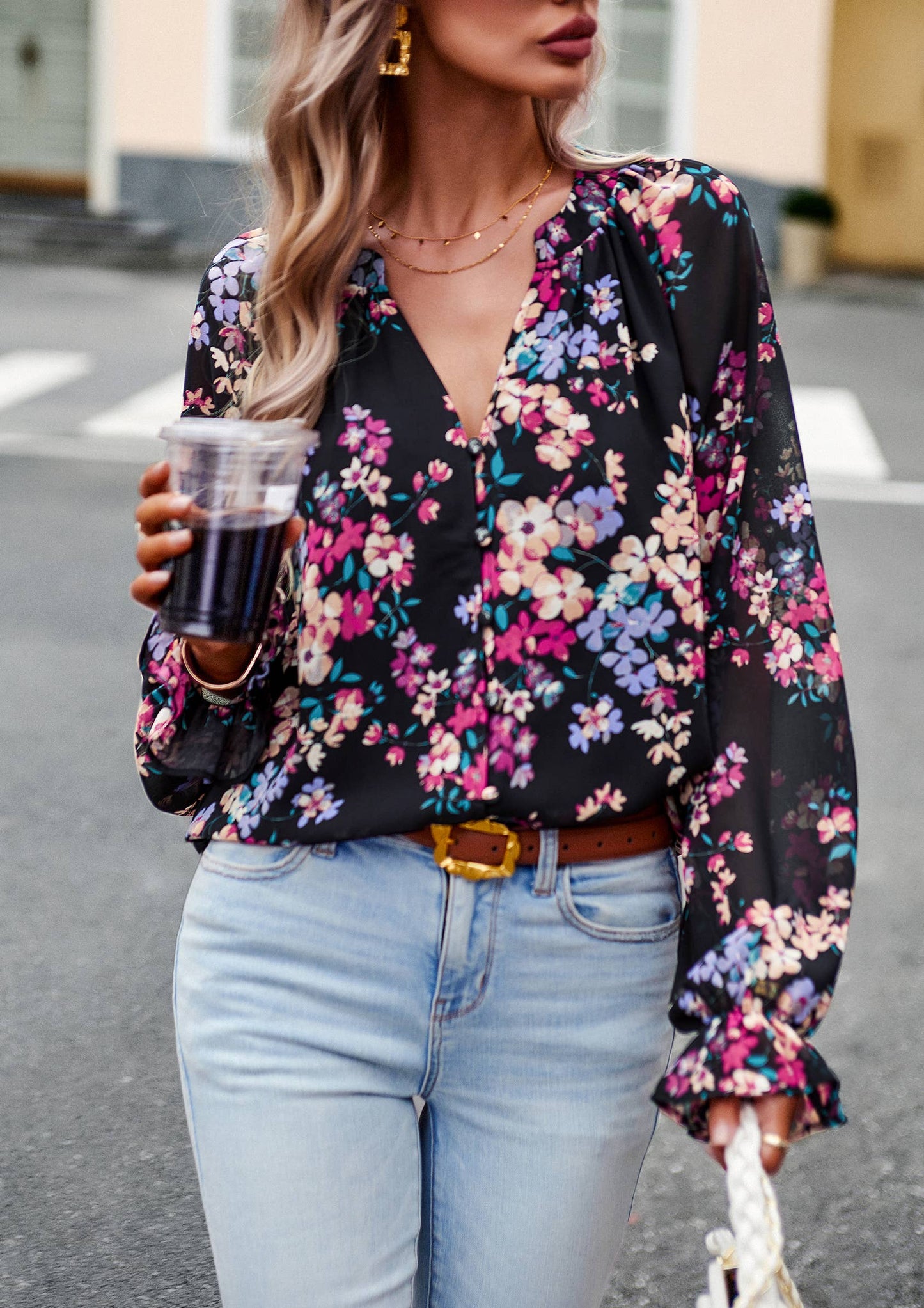 Nancy - Floral Button Down Long Sleeve Blouse