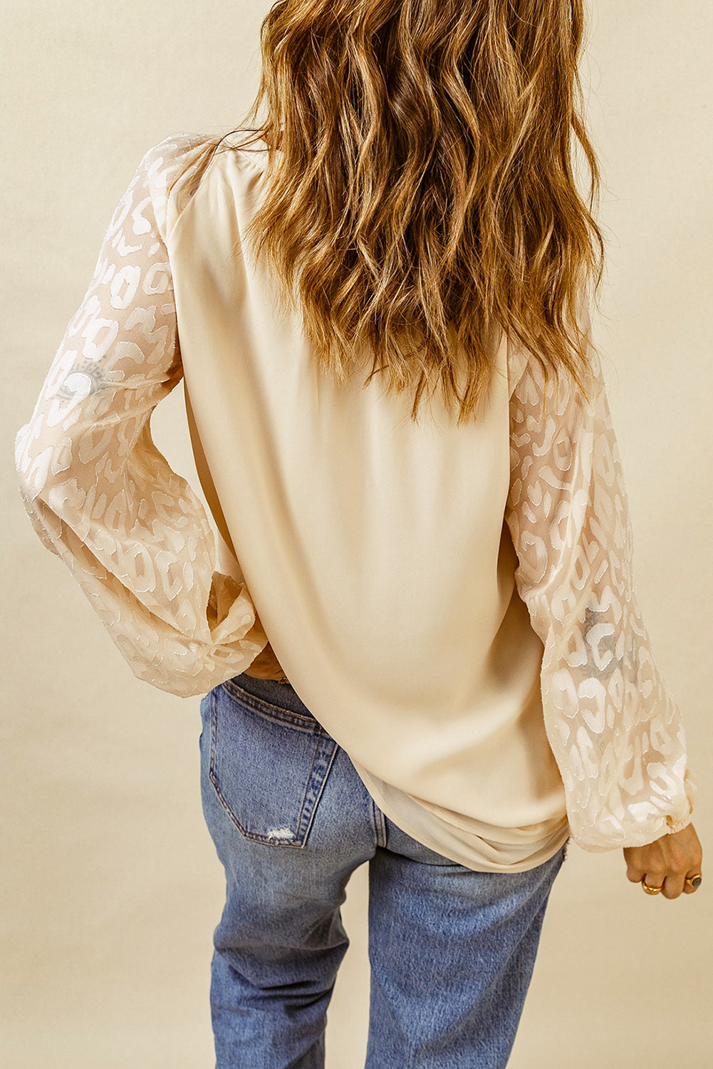 Shirley - Beige Leopard Mesh Bubble Sleeve Split Neck Blouse