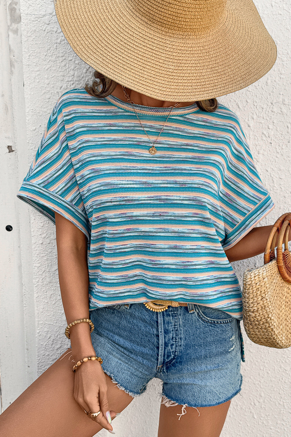 Mia-Multi-color Striped Wide Sleeve Loose Top